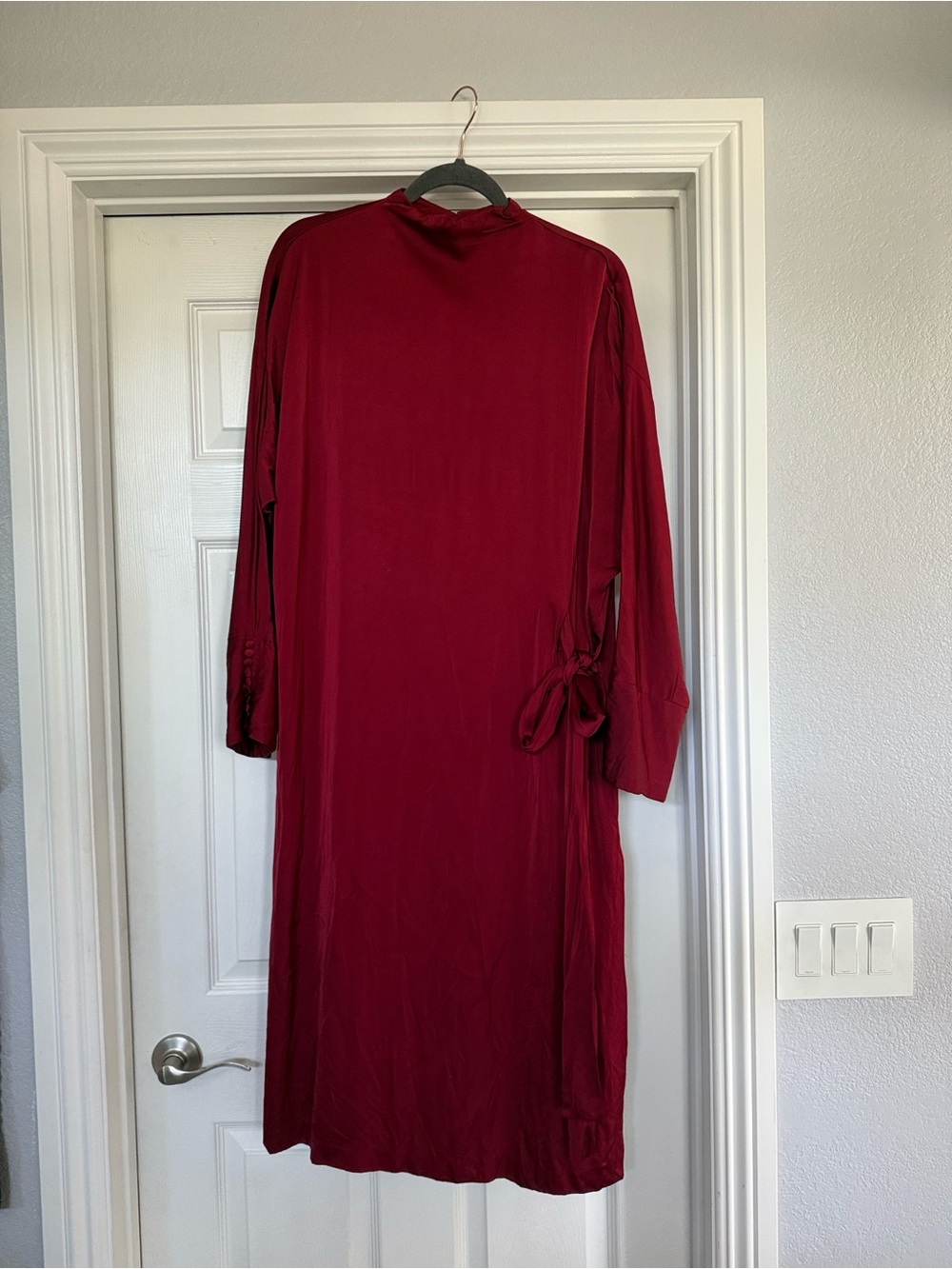 Zara Deep Red Long Sleeve Tie-Waist Midi Dress